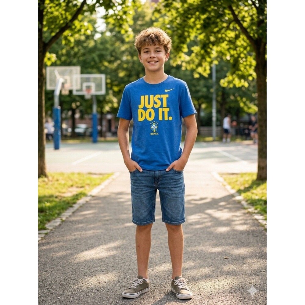 Nike Boys Youth Large Brasil Soccer Just Do It T-Shirt Blue CBF Graphic Tee L